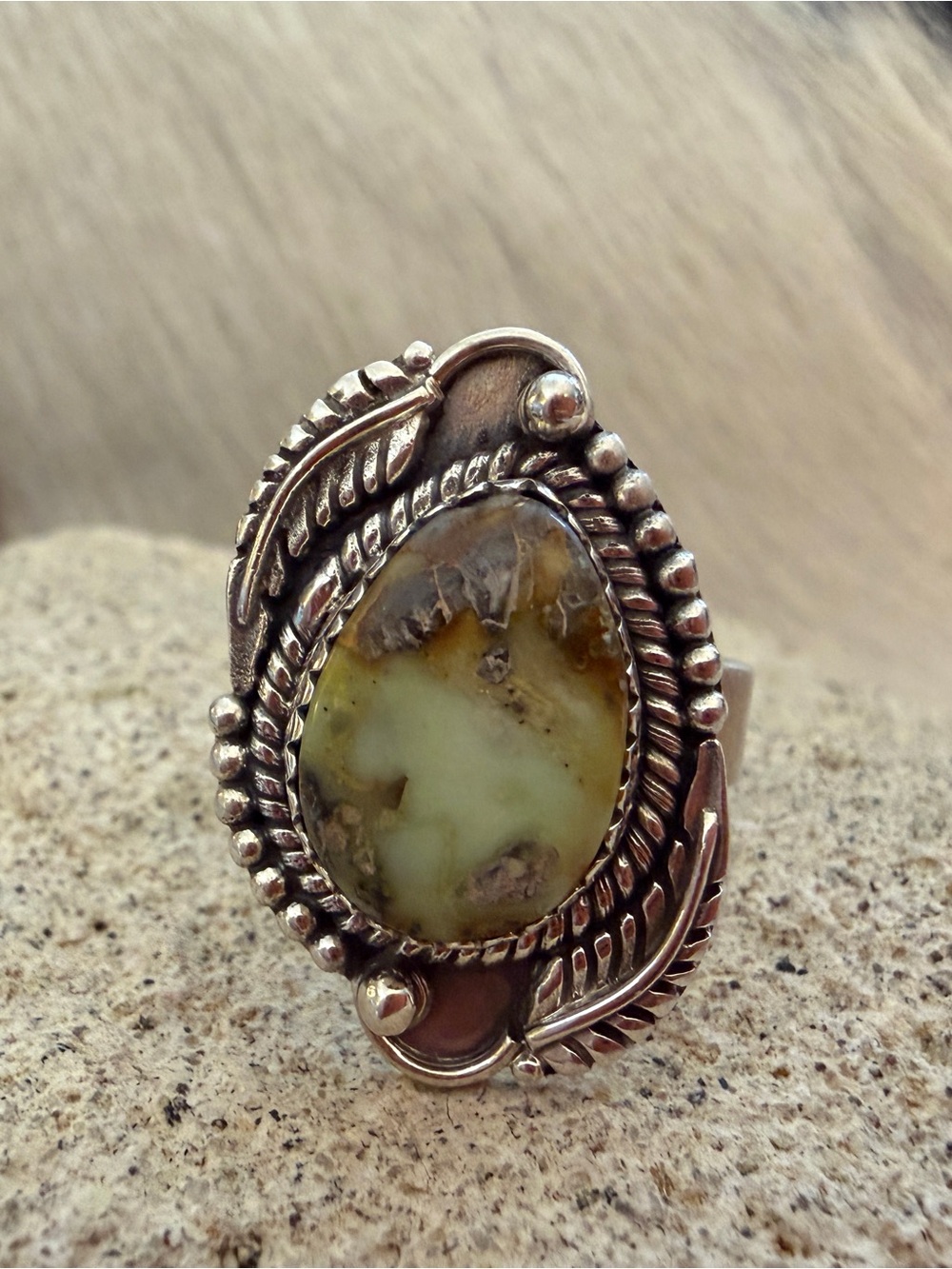❤️ Palomino Variscite Navajo Style Brushed Sterling 925 Decorative ADJ Ring 8.9G
